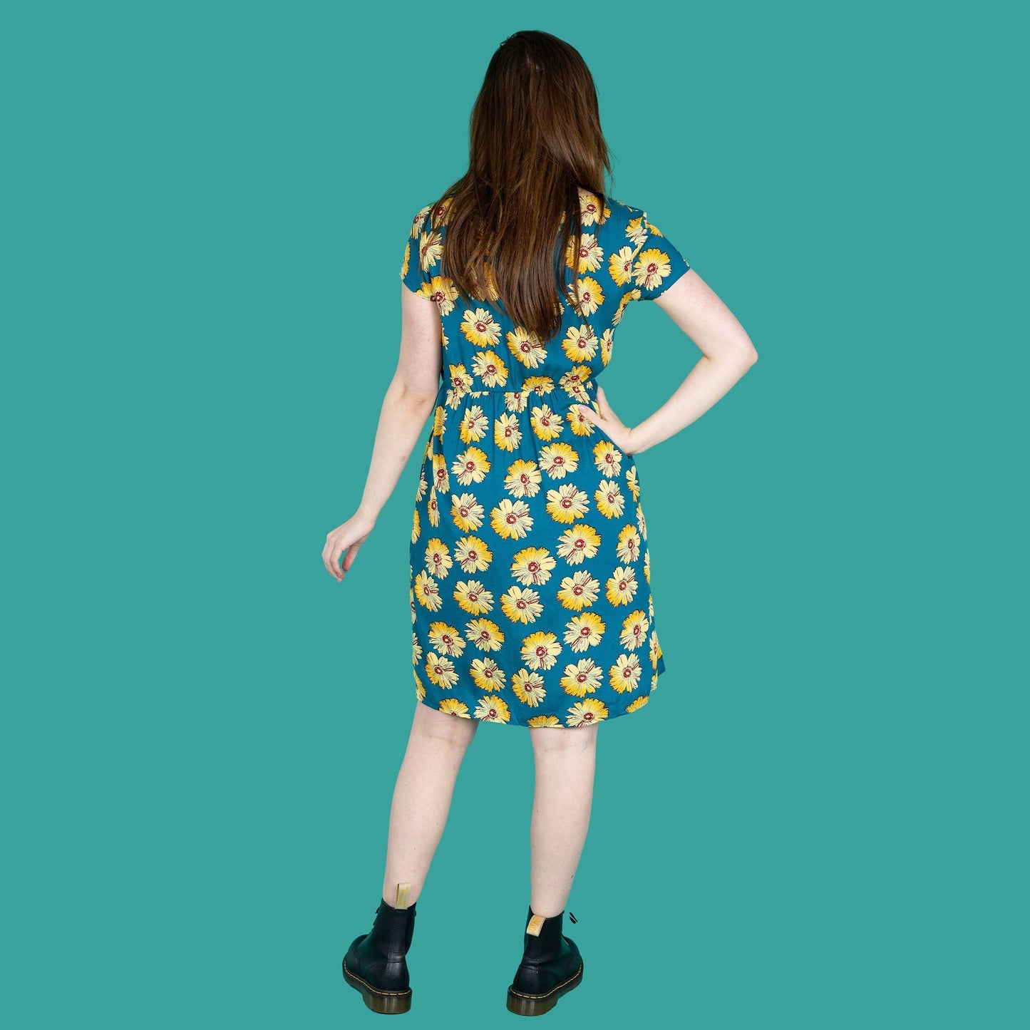 Sunflower breastfeeding dress photo showing the view from behind.